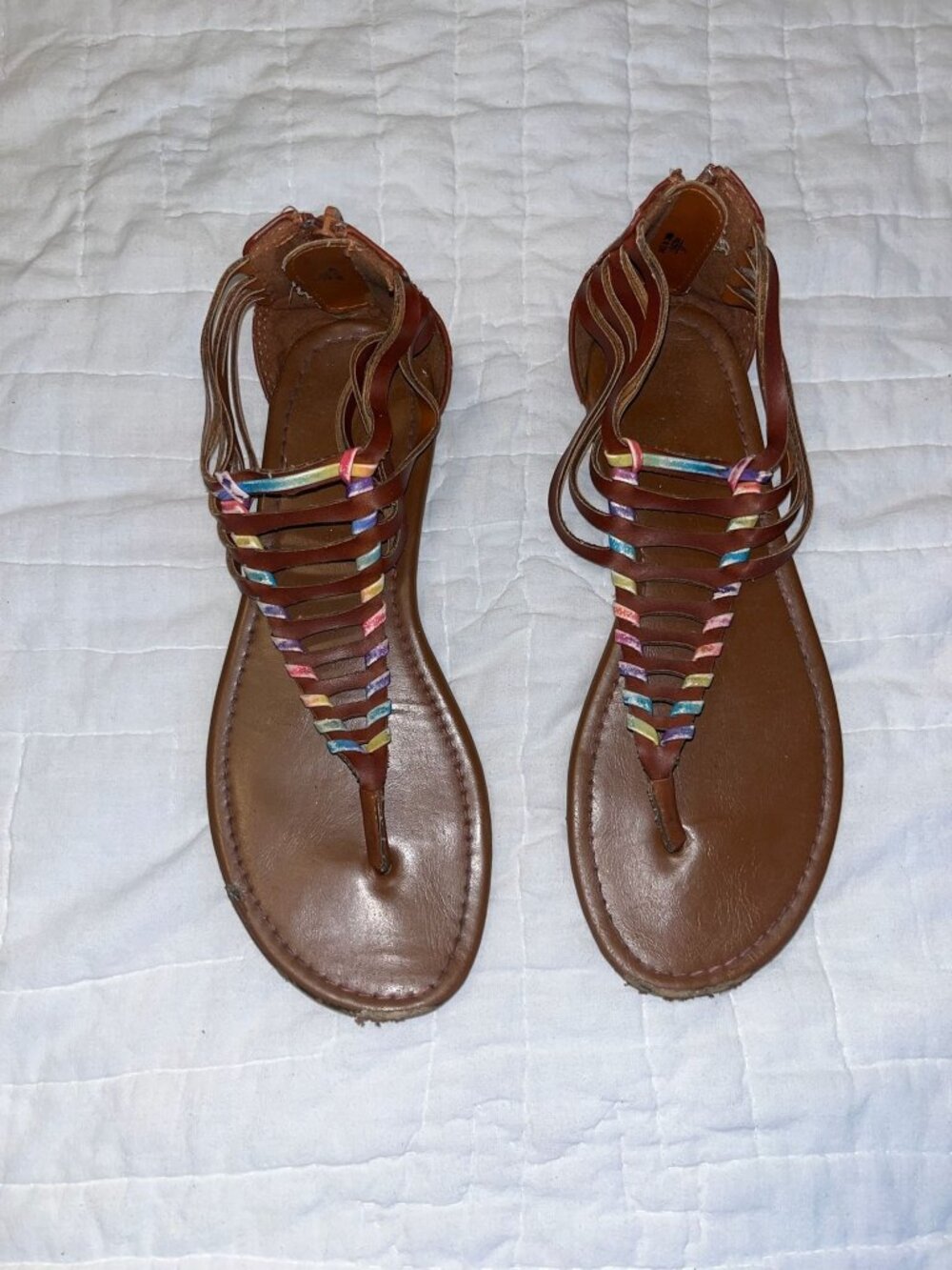 American Eagle Womens Brown Multi-Strap Sandals With Rainbow Accents Size 8 Skid